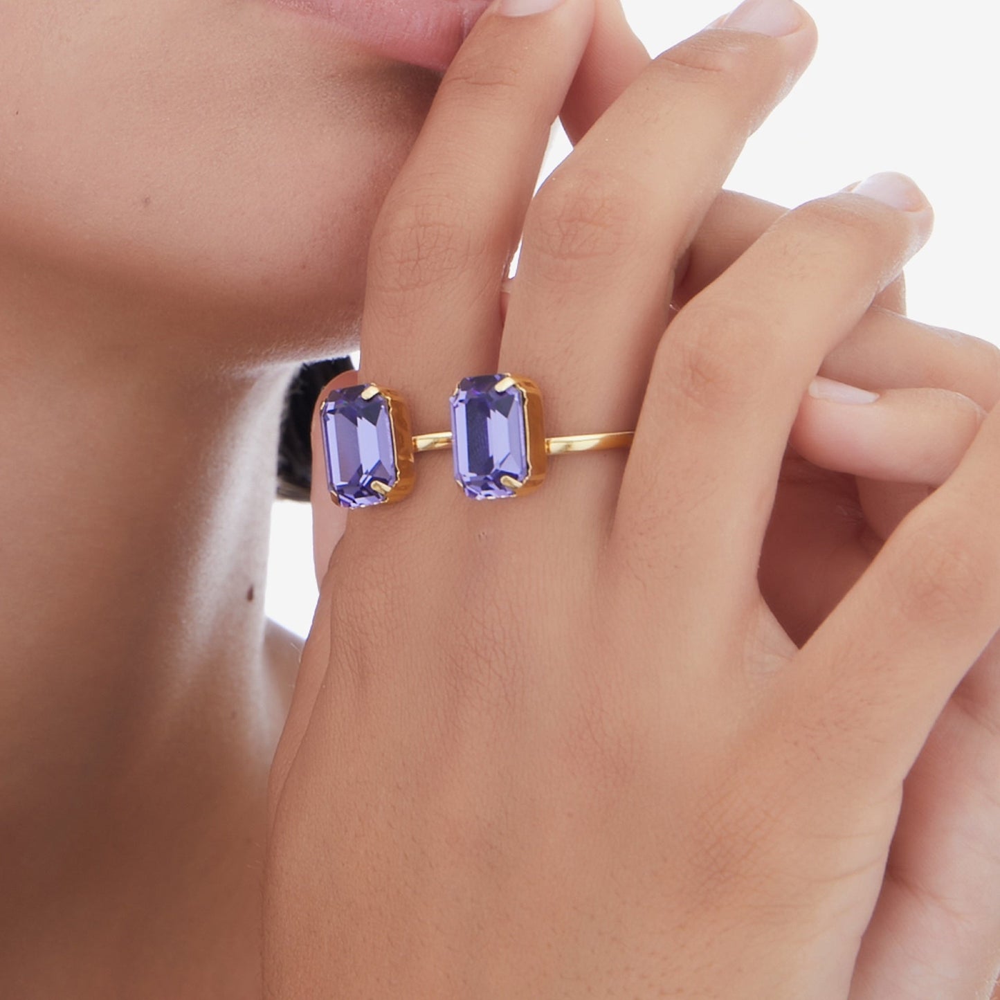 Anillo ajustable rectángulo Borea con cristal en Plata baño Oro