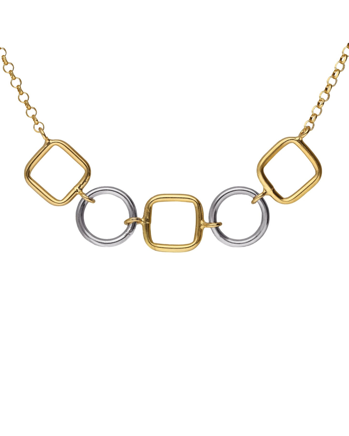 Collar corto bicolor círculo y cuadrado Nivola en Plata baño Oro y Rodio