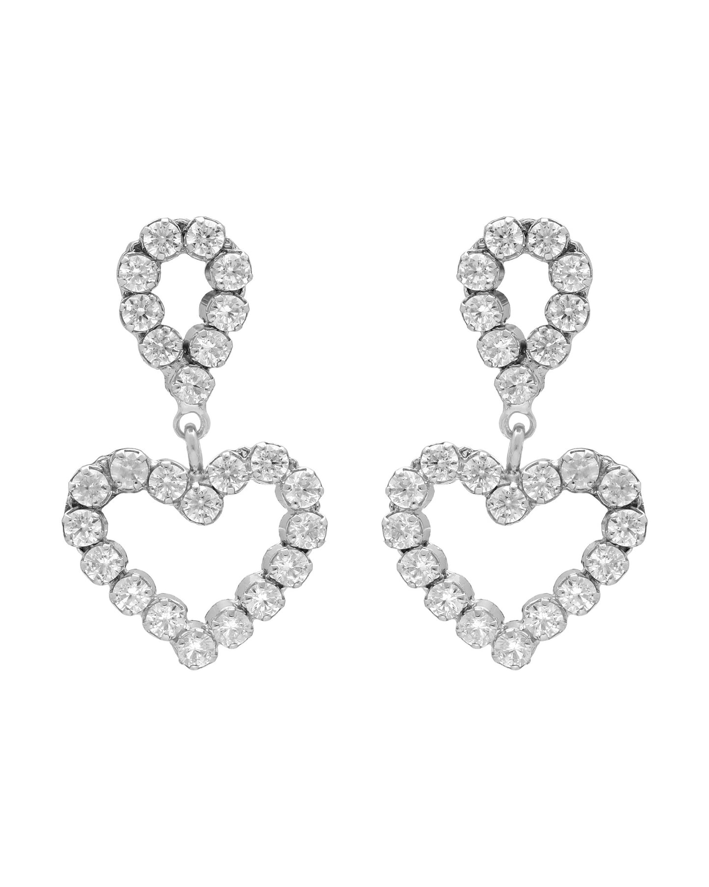 Pendientes cortos Muá lágrima y corazón con cristales riviere blanco en plata baño rodio