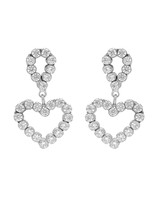 Pendientes cortos Muá lágrima y corazón con cristales riviere blanco en plata baño rodio