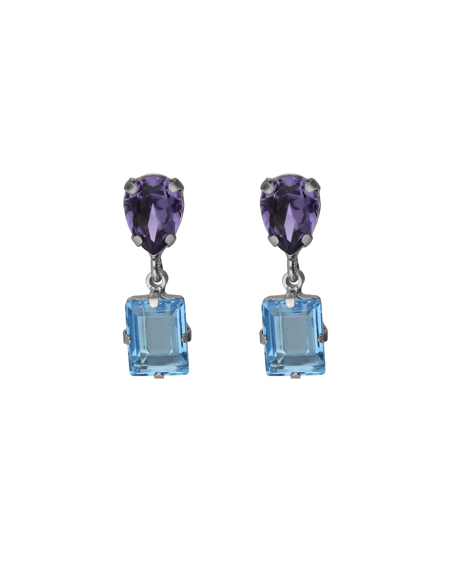 Pendientes cortos Borea con cristal azul y morado en Plata baño Rodio