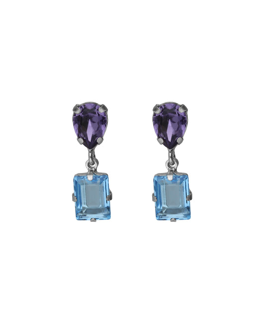 Pendientes cortos Borea con cristal azul y morado en Plata baño Rodio
