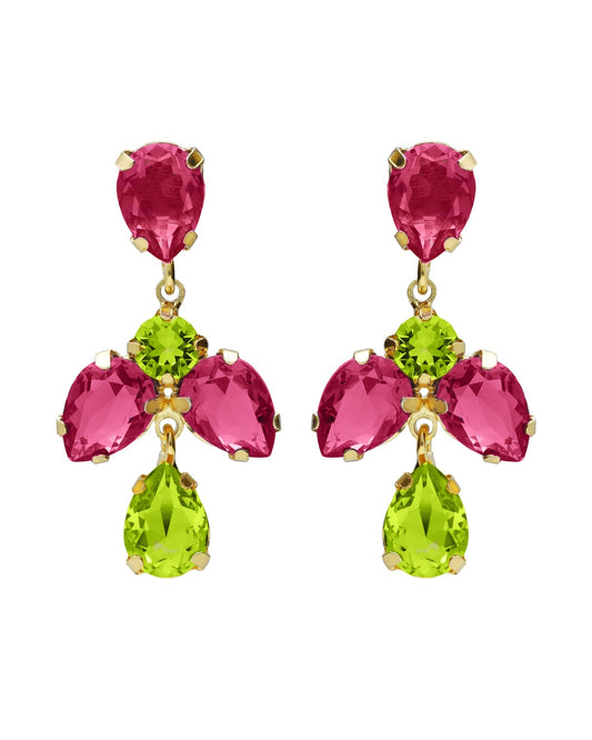 Pendientes largos Fleur lágrima con cristal en Plata baño Oro