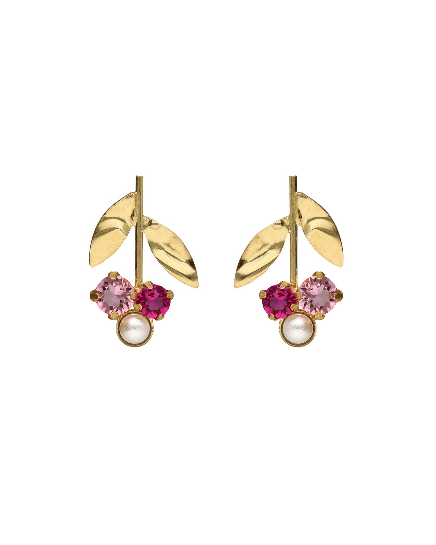 Pendientes cortos flor Alpina con cristales rosas y perlas en Plata baño Oro