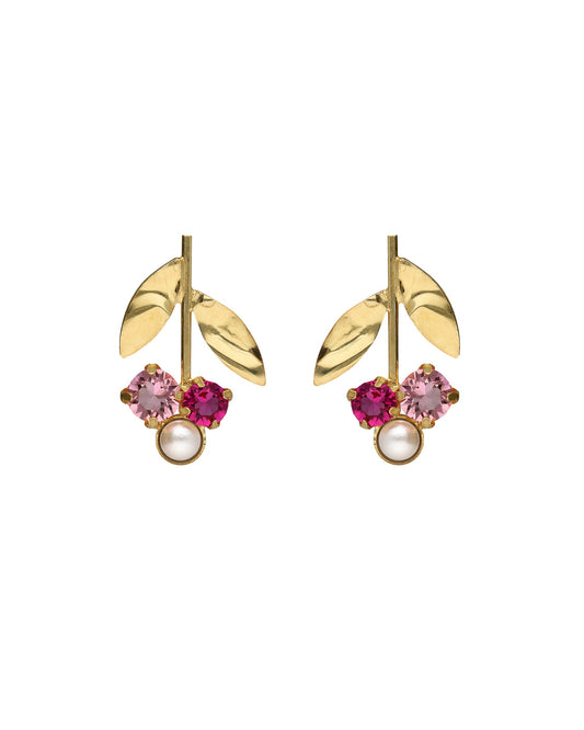 Pendientes cortos flor Alpina con cristales rosas y perlas en Plata baño Oro