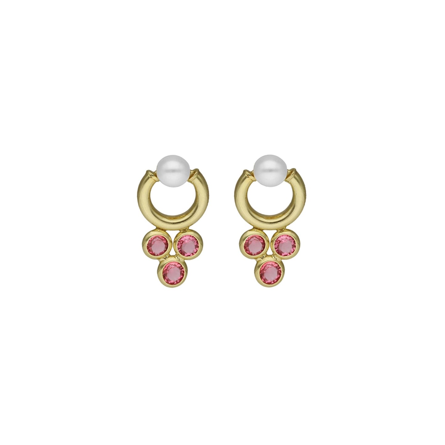 Pendientes largos Dahlia cristales y perla rosa en Plata baño Oro