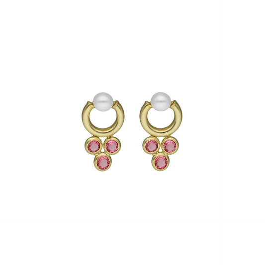 Pendientes largos Dahlia cristales y perla rosa en Plata baño Oro
