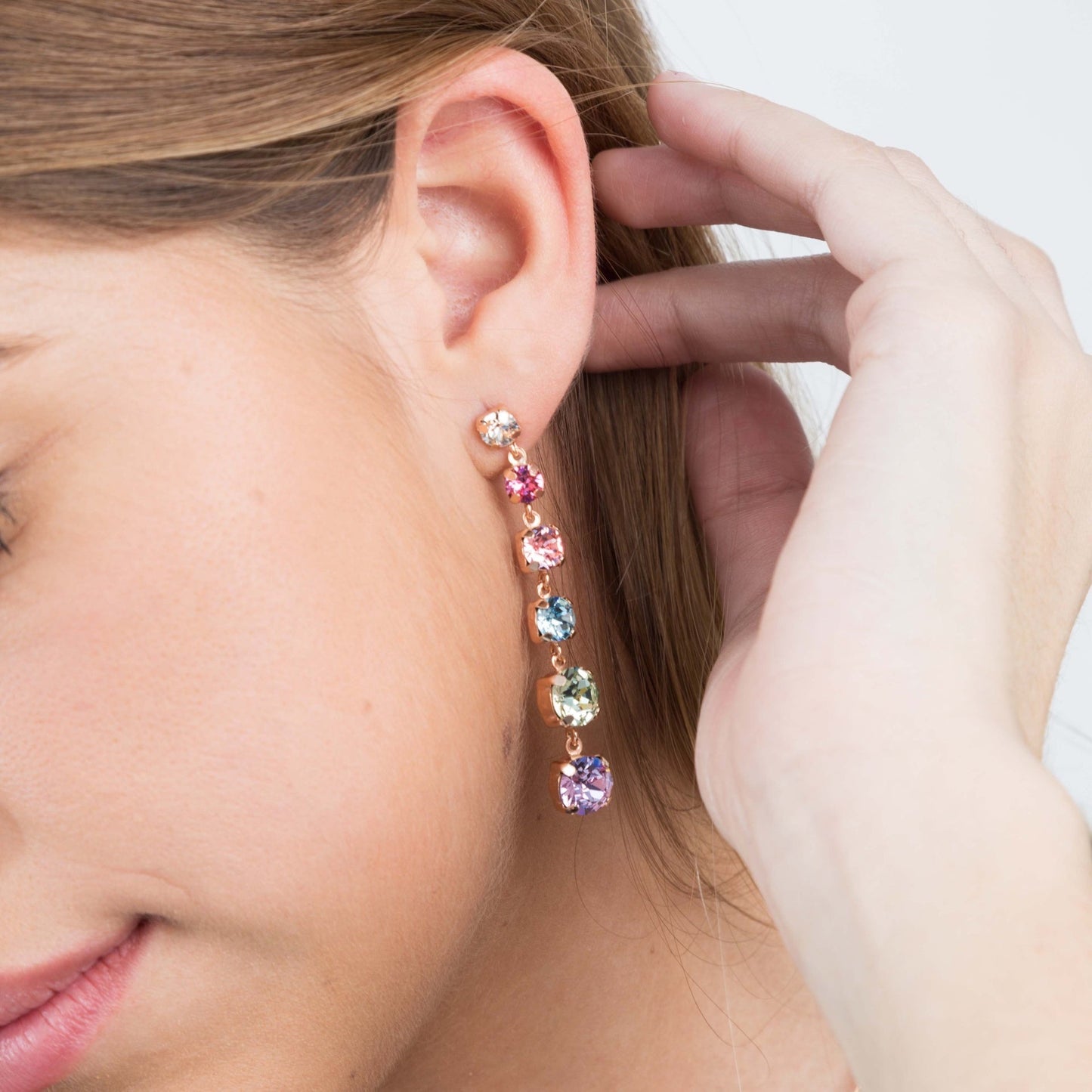 Pendientes largos Celine cristal multicolor en Plata baño Oro Rosa
