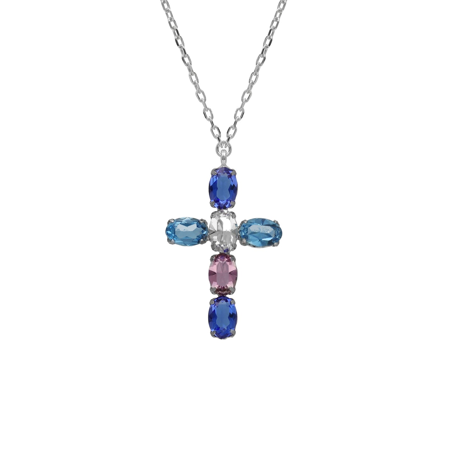 Collar corto Harmony cruz cristal azul en Plata baño rodio