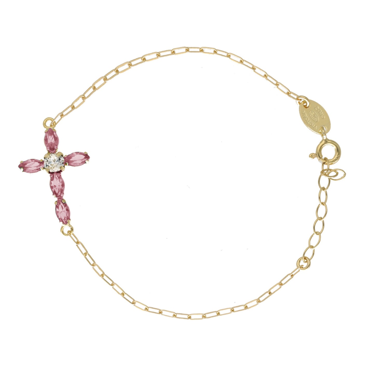 Pulsera Estaciones cruz cristal en Plata baño Oro