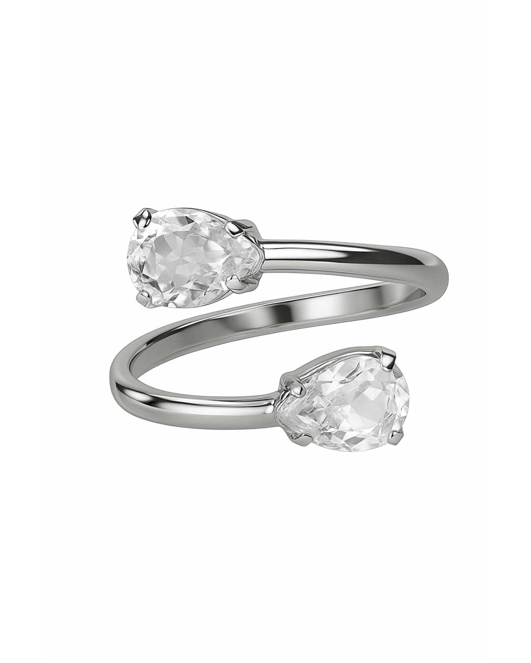 Anillo ajustable espiral lágrima Lieve con cristal blanco en Plata baño Rodio