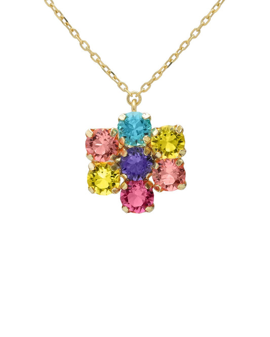 Collar corto Fleur flor con cristal multicolor en Plata baño Oro