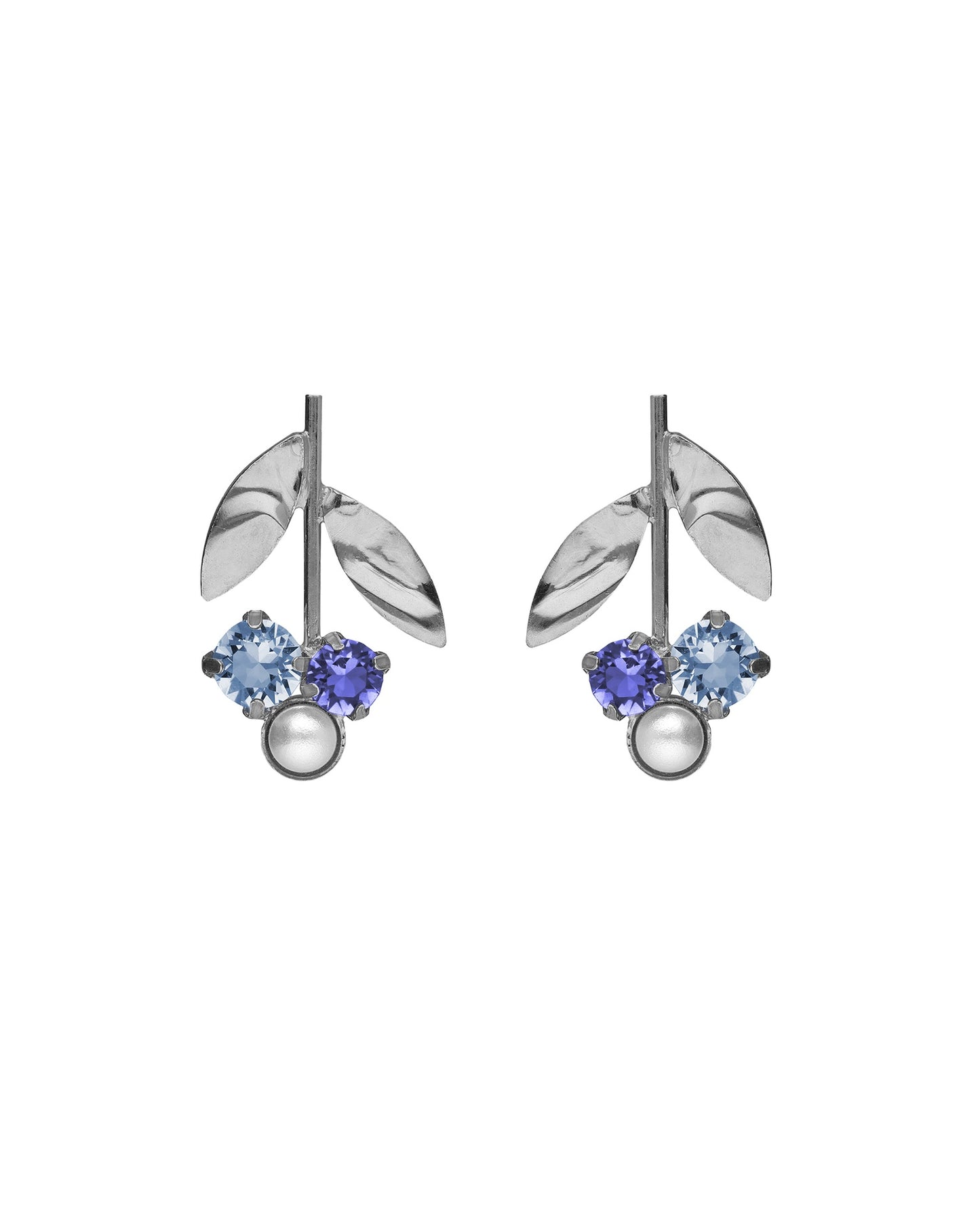Pendientes cortos flor Alpina con cristales azules y perlas en Plata baño Rodio