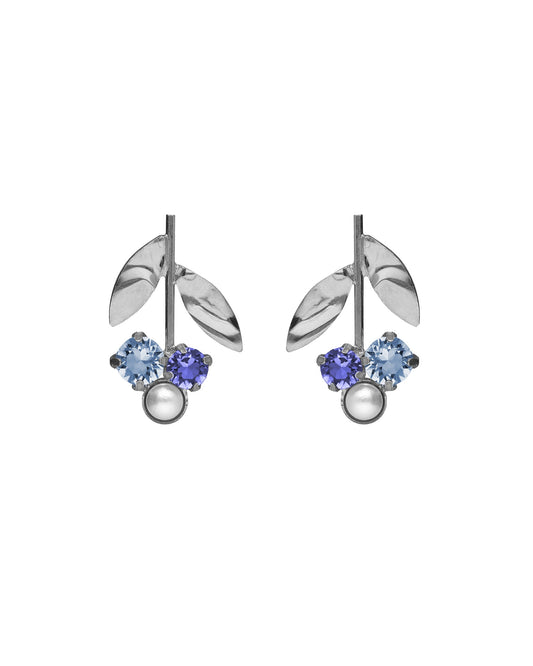 Pendientes cortos flor Alpina con cristales azules y perlas en Plata baño Rodio