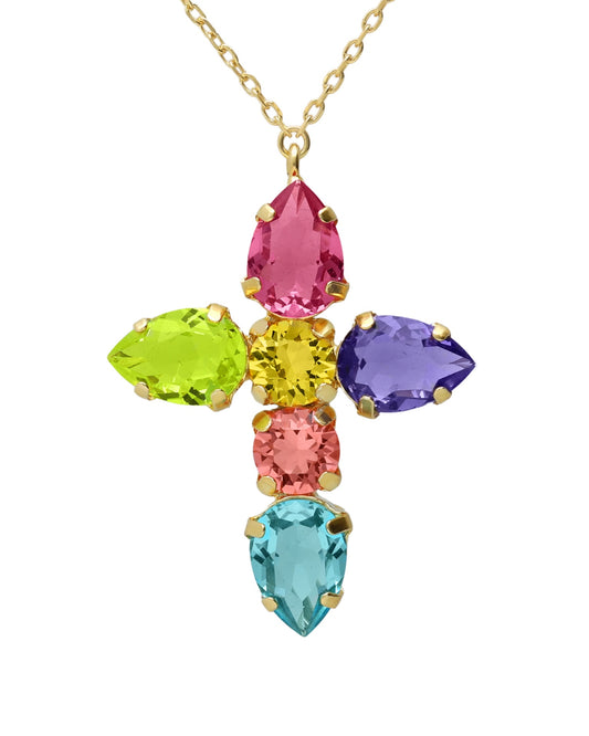 Collar largo cruz Fleur con cristal multicolor en Plata baño Oro