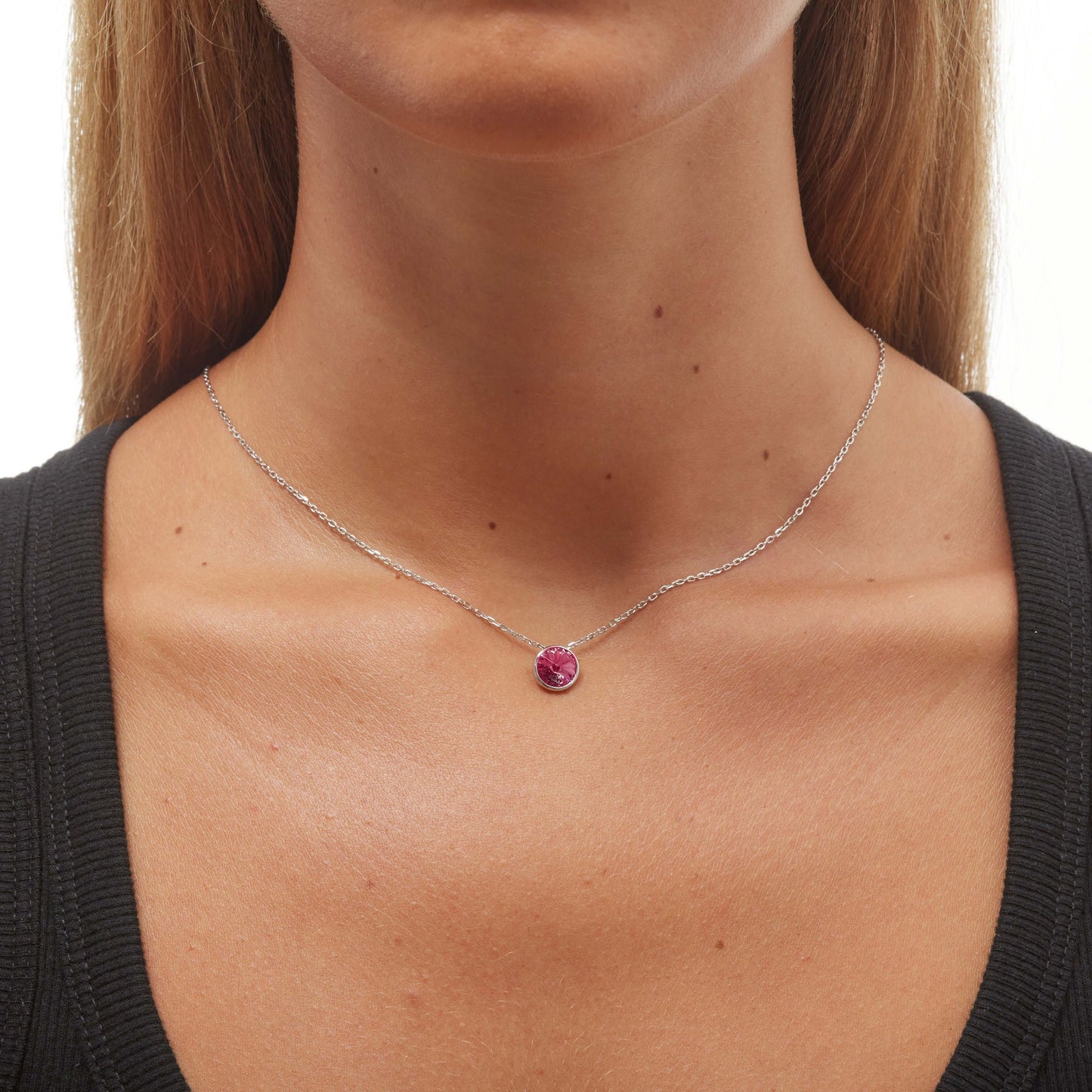 Collar corto Basic 9mm círculo cristal en Plata baño rodio