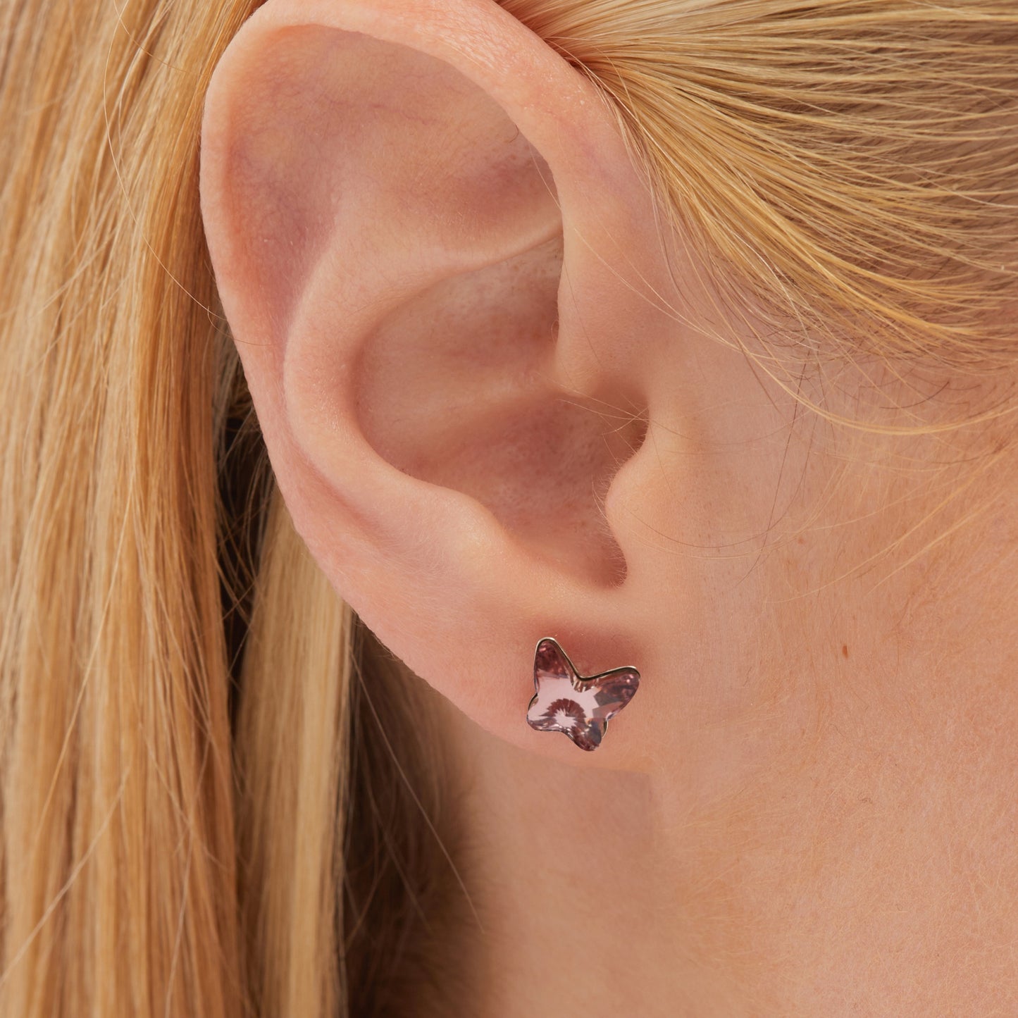 Pendientes botón Fantasy mariposa cristal en Plata baño rodio