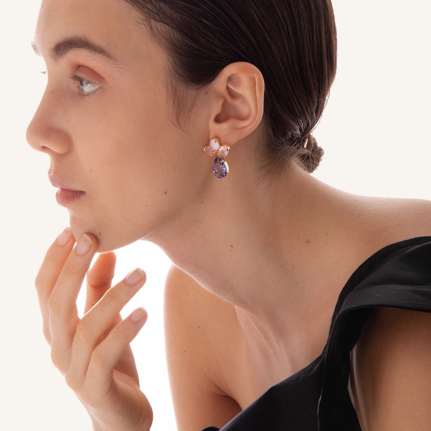 Pendientes largos Blooming lágrima cristal en Plata baño Oro