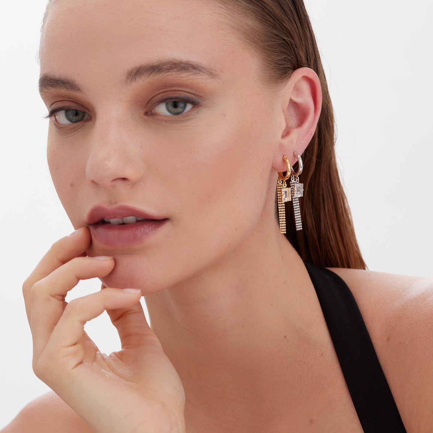 Pendientes aro Empire malla cristal blanco en Plata