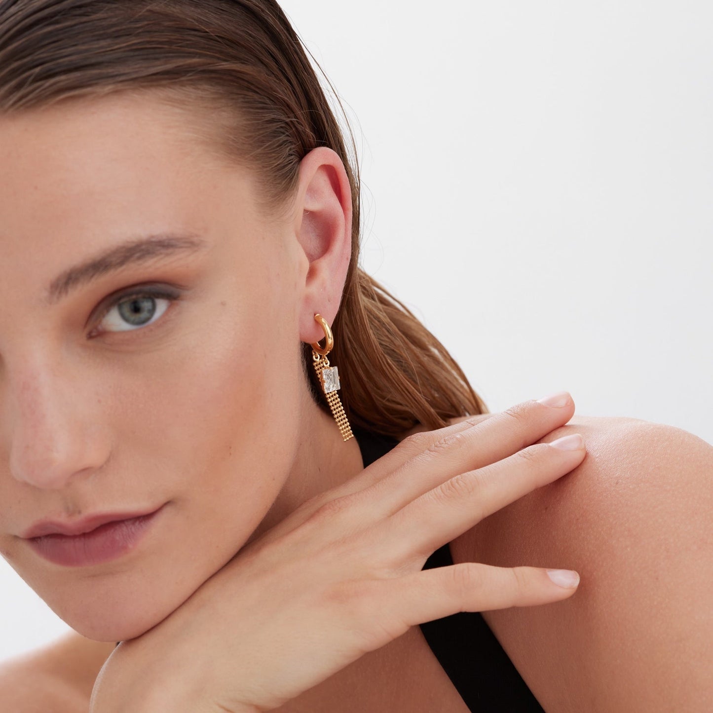 Pendientes aro Empire malla cristal blanco en Plata