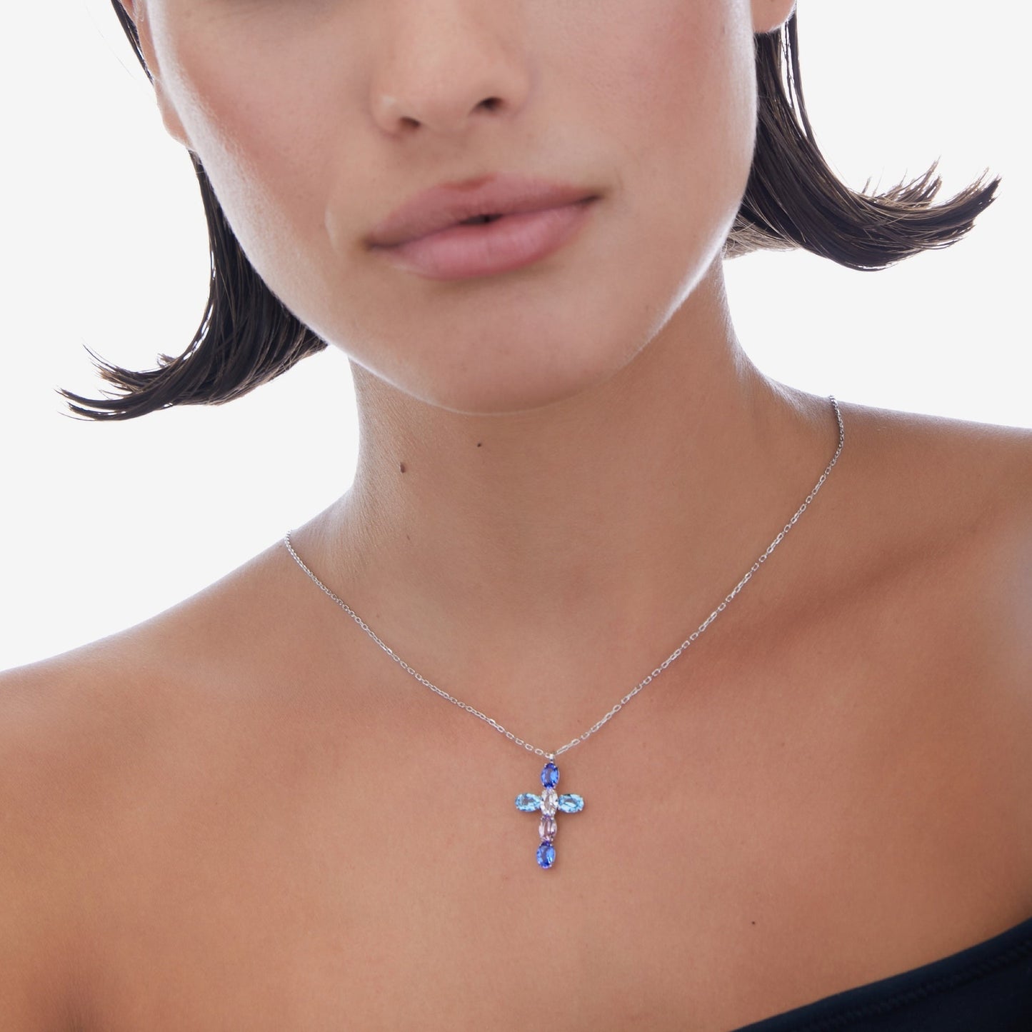 Collar corto Harmony cruz cristal azul en Plata baño rodio