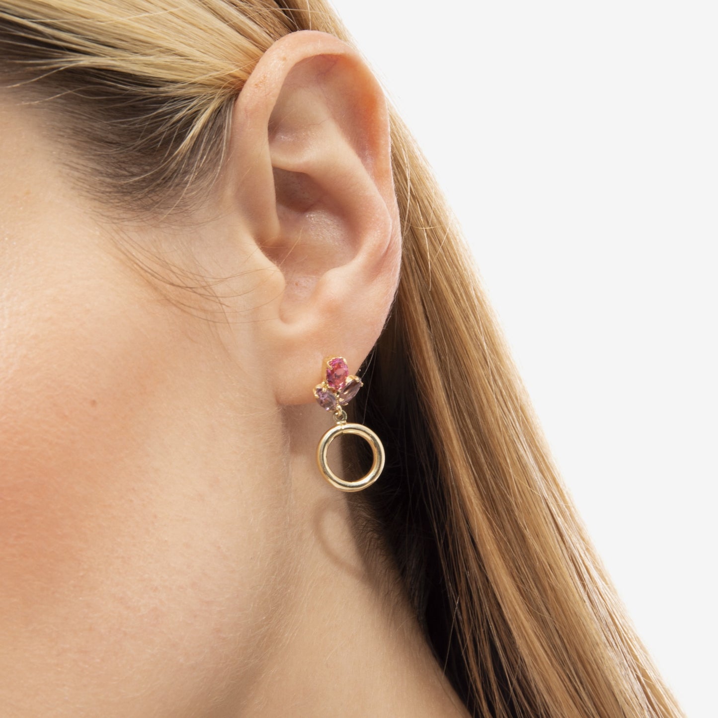 Pendientes largos Lia círculo rosa en Plata baño Oro