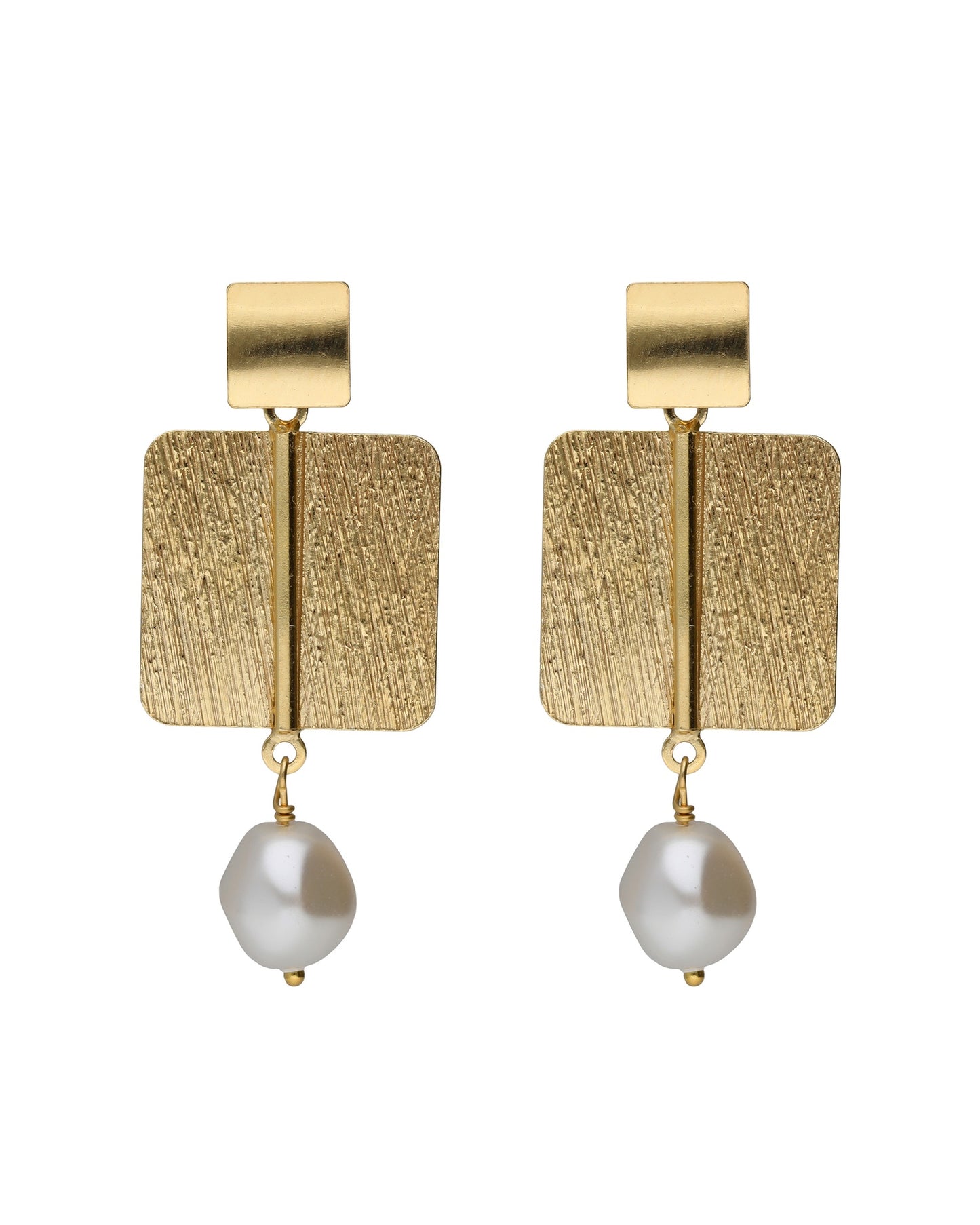 Pendientes largos textura cuadrado Sera con perla barroca en Plata