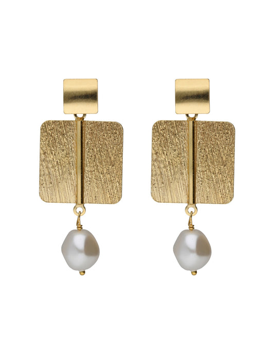 Pendientes largos textura cuadrado Sera con perla barroca en Plata