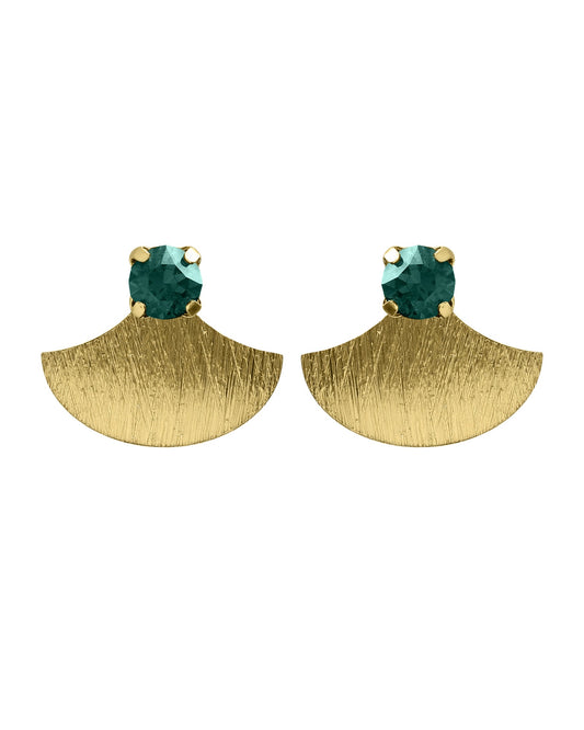 Pendientes botón Azure abanico textura con cristal verde en Plata baño Oro