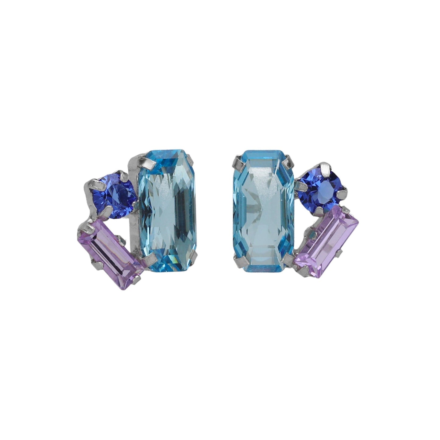 Pendientes botón Inspire rectángulo cristal azul en Plata baño rodio