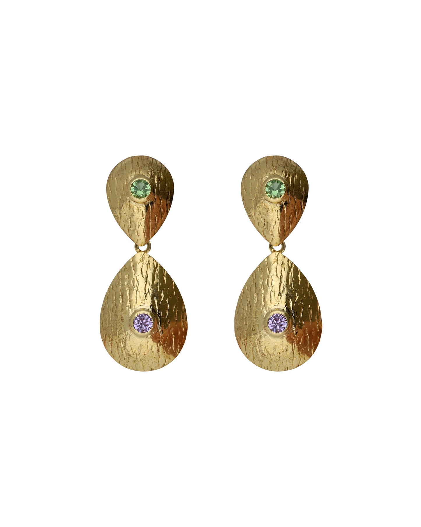 Pendientes largos textura gota Bruma con cristal violeta en Plata baño Oro