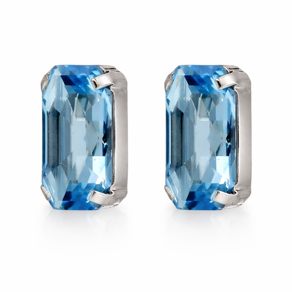 Pendientes botón Inspire rectángulo cristal azul en Plata baño rodio