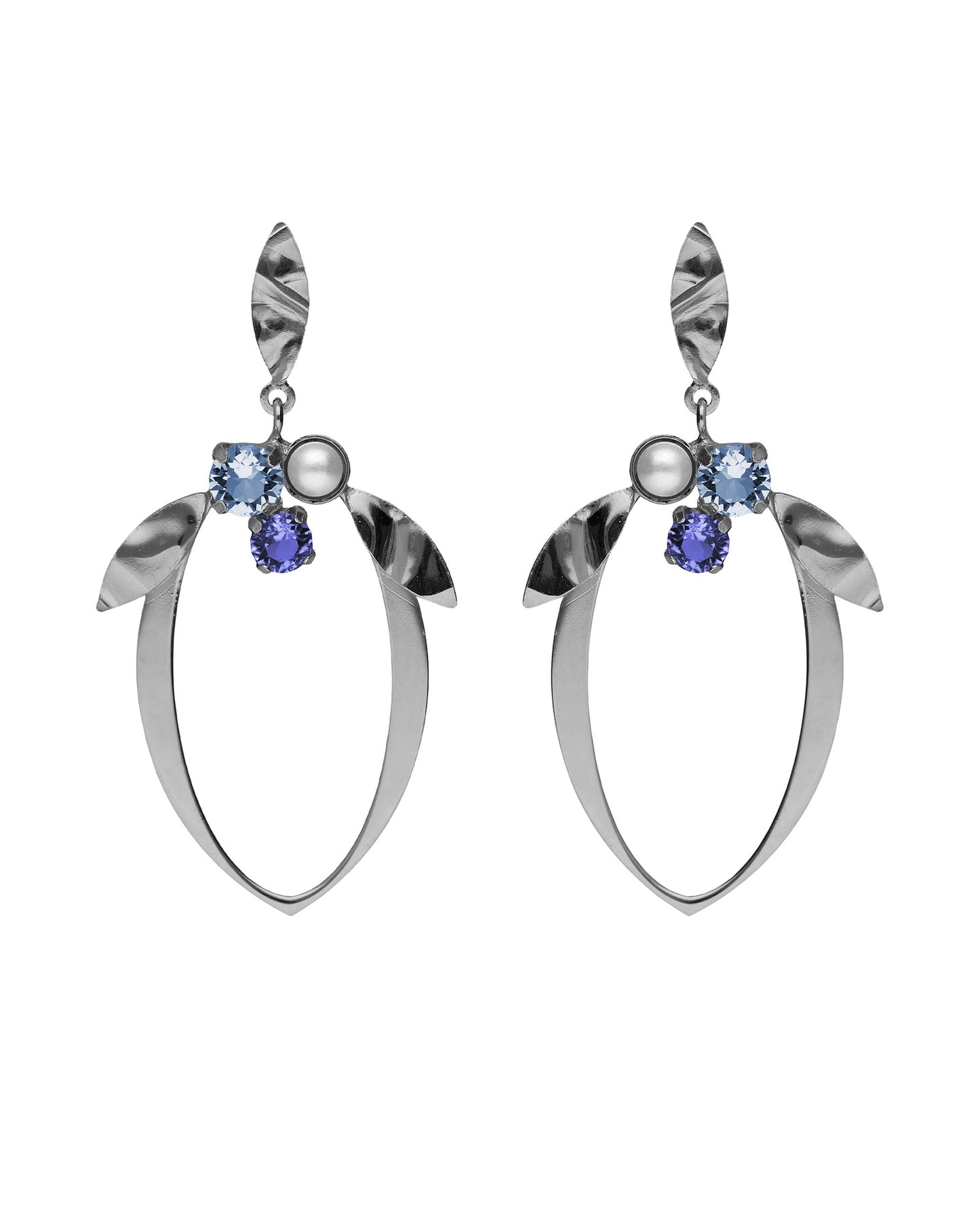 Pendientes largos hoja Alpina con cristales azules y perlas en Plata baño Rodio