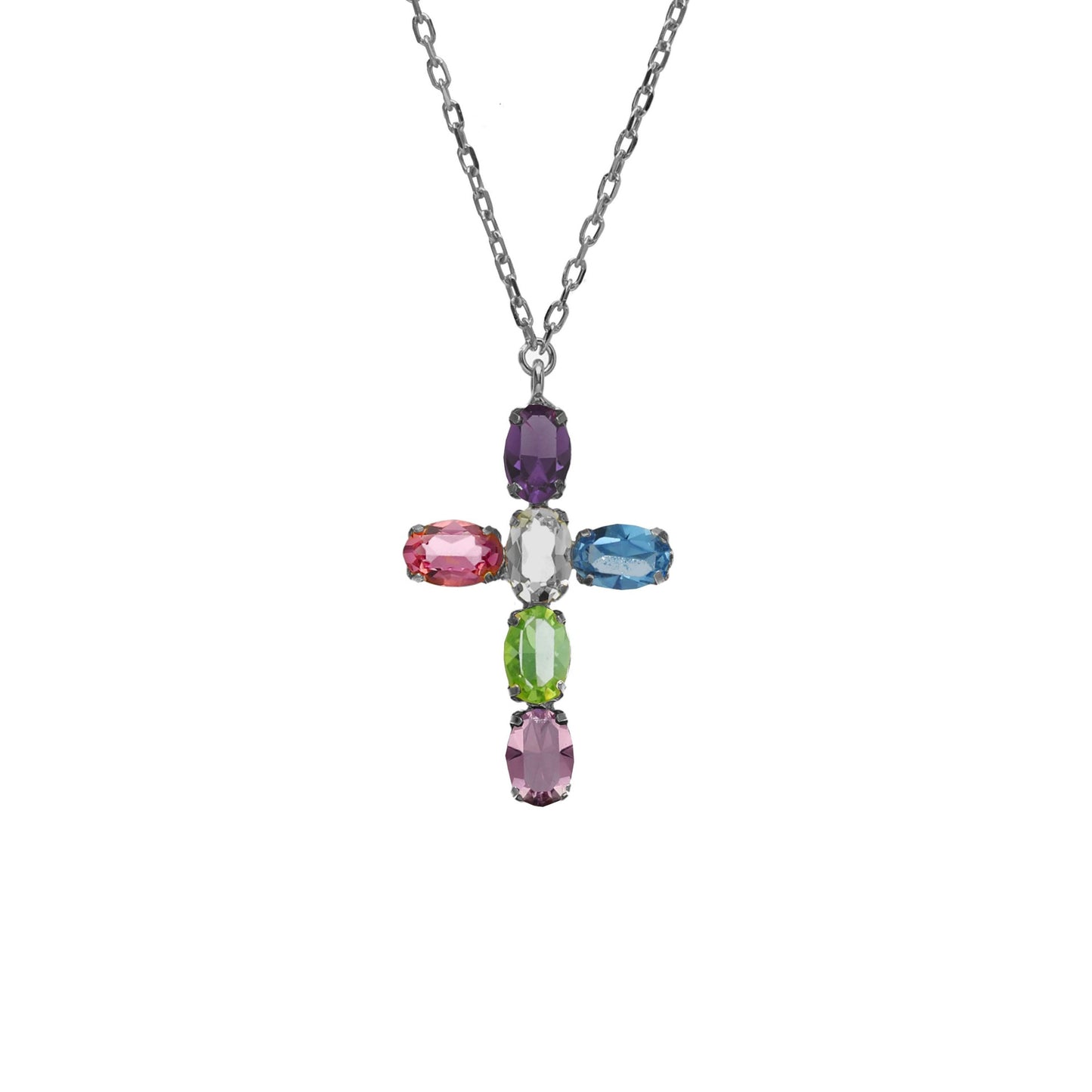 Collar corto Harmony cruz cristal azul en Plata baño rodio