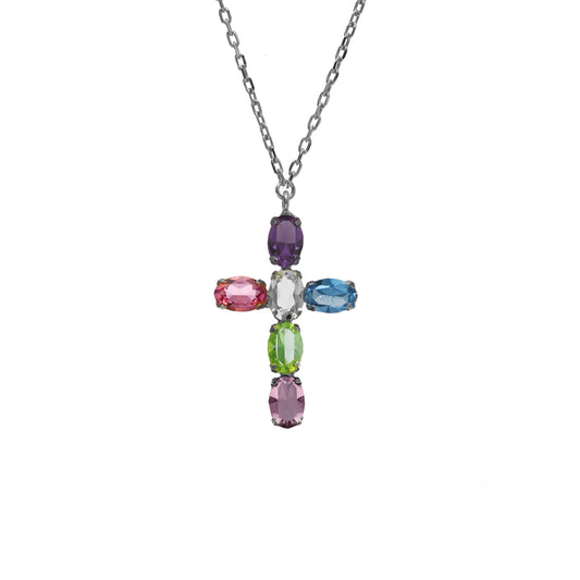 Collar corto Harmony cruz cristal azul en Plata baño rodio