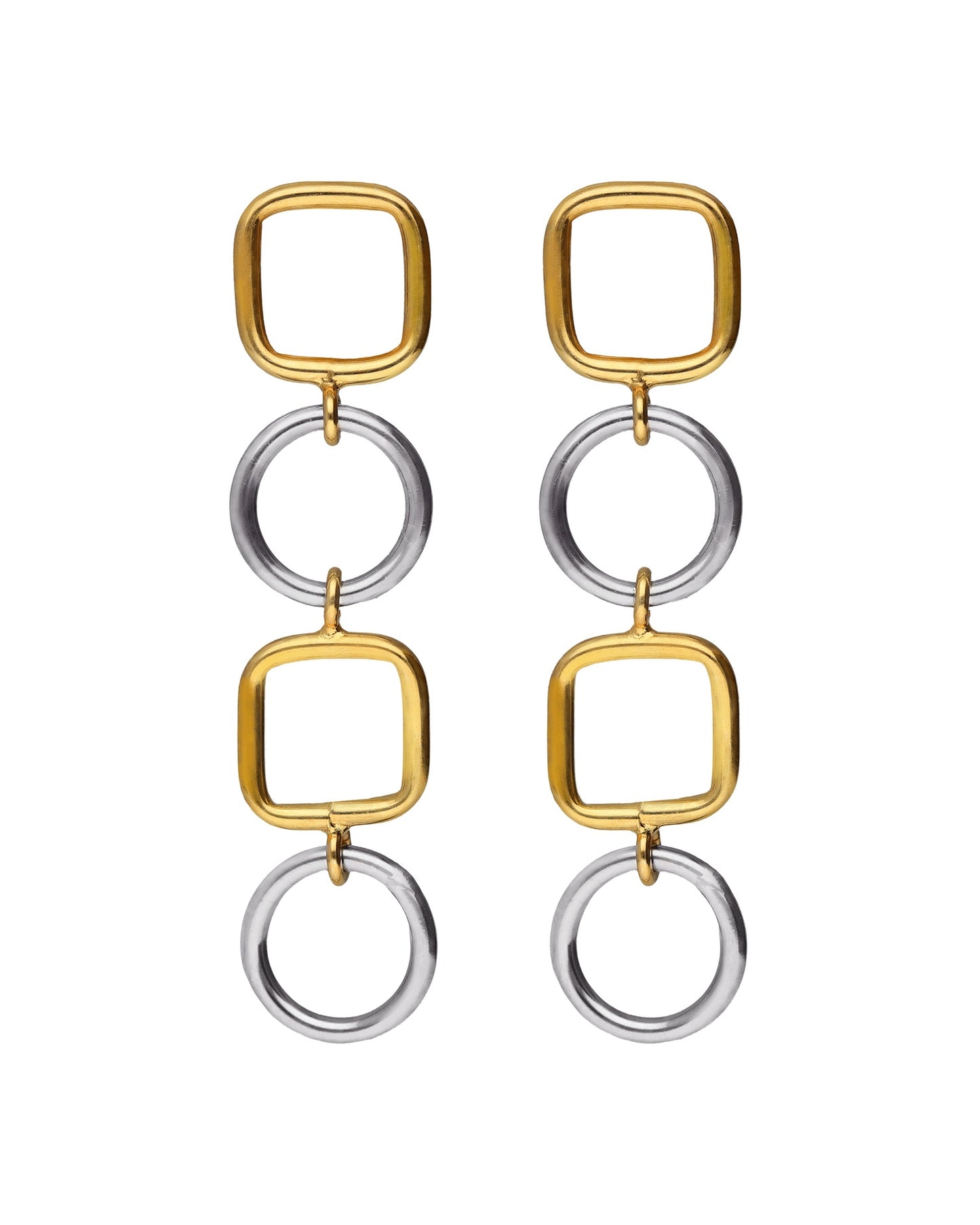 Pendientes largos bicolor círculo y cuadrado Nivola en Plata baño Oro y Rodio