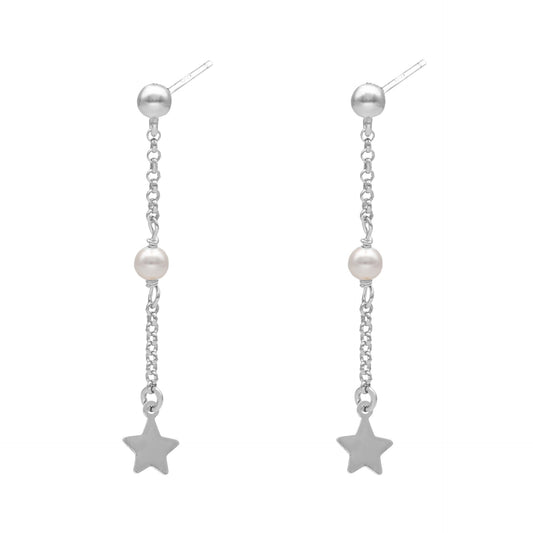 Pendientes largos Vera estrella Perla en Plata
