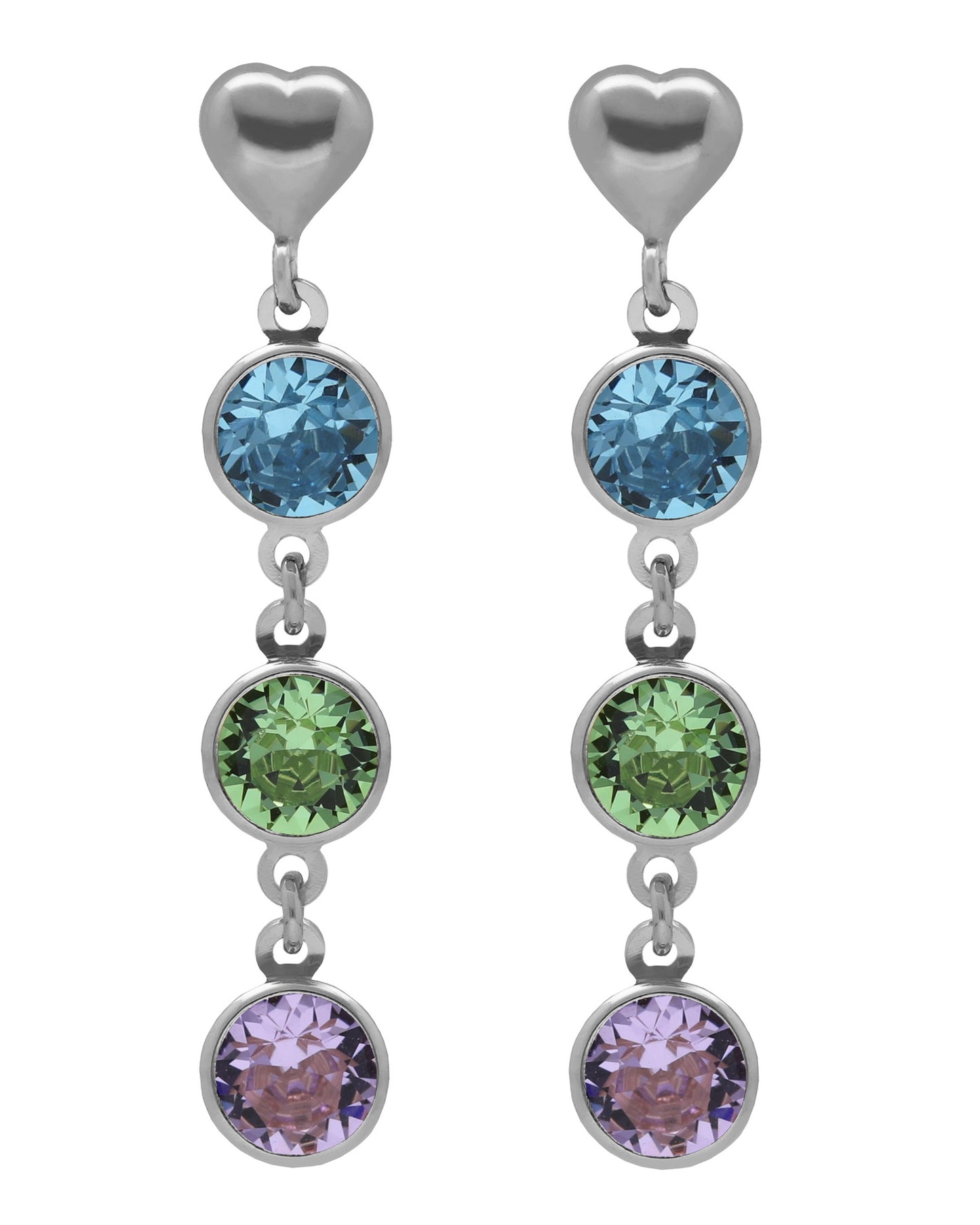 Pendientes largos Muá corazón con cristal multicolor en plata baño rodio
