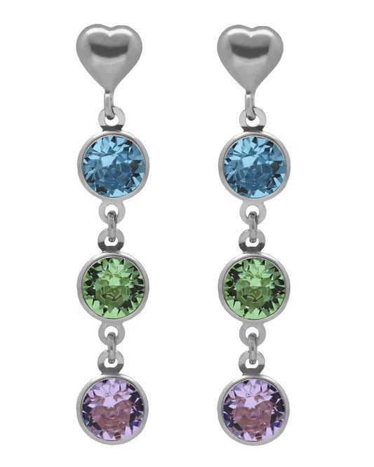 Pendientes largos Muá corazón con cristal multicolor en plata baño rodio