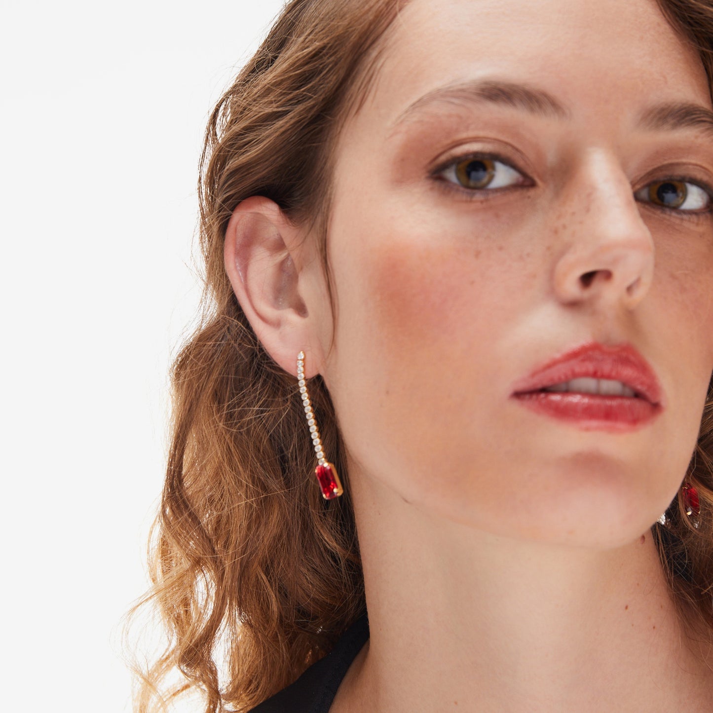 Gold plated Sterling Silver Long earrings waterfall red crystal from Ginger