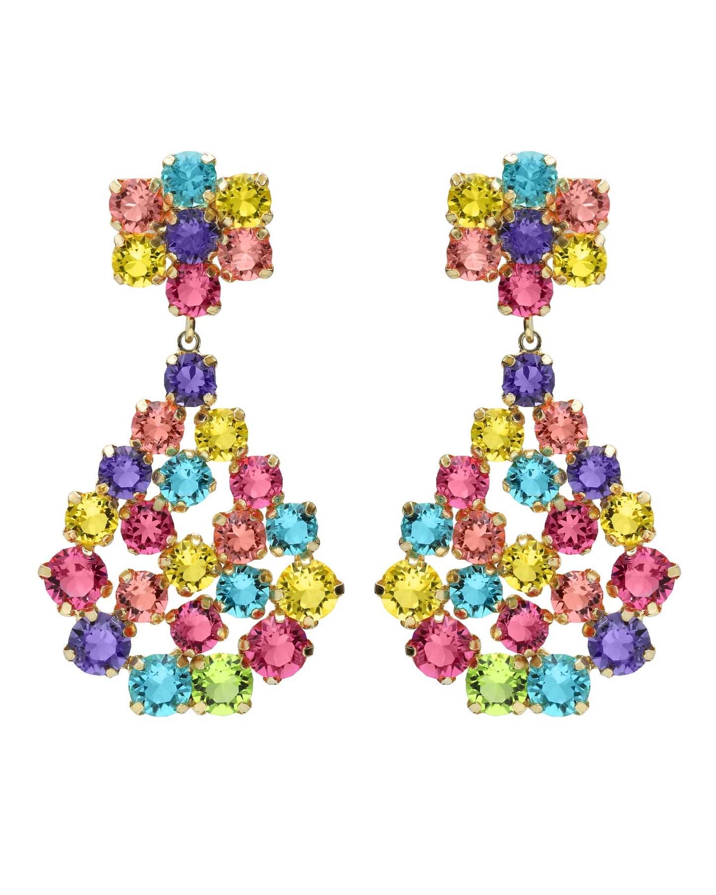 Pendientes largos Fleur lágrima con cristal multicolor en Plata baño Oro