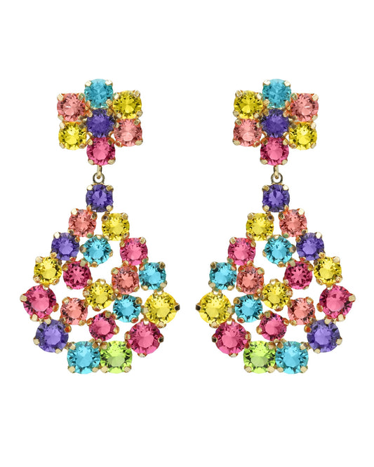 Pendientes largos Fleur lágrima con cristal multicolor en Plata baño Oro