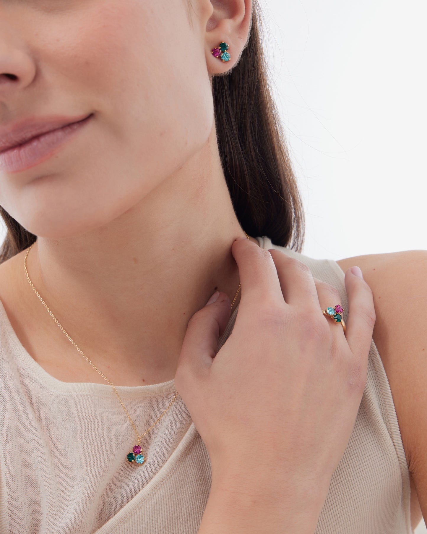 Pendientes botón Azure con cristal multicolor en Plata baño Oro
