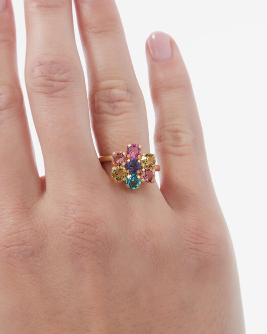 Anillo ajustable Fleur flor con cristal multicolor en Plata baño Oro