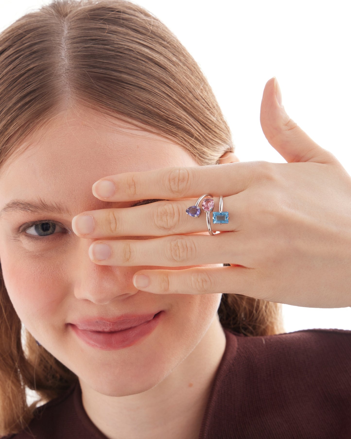 Anillo ajustable espiral Borea con cristal multicolor en Plata baño Rodio