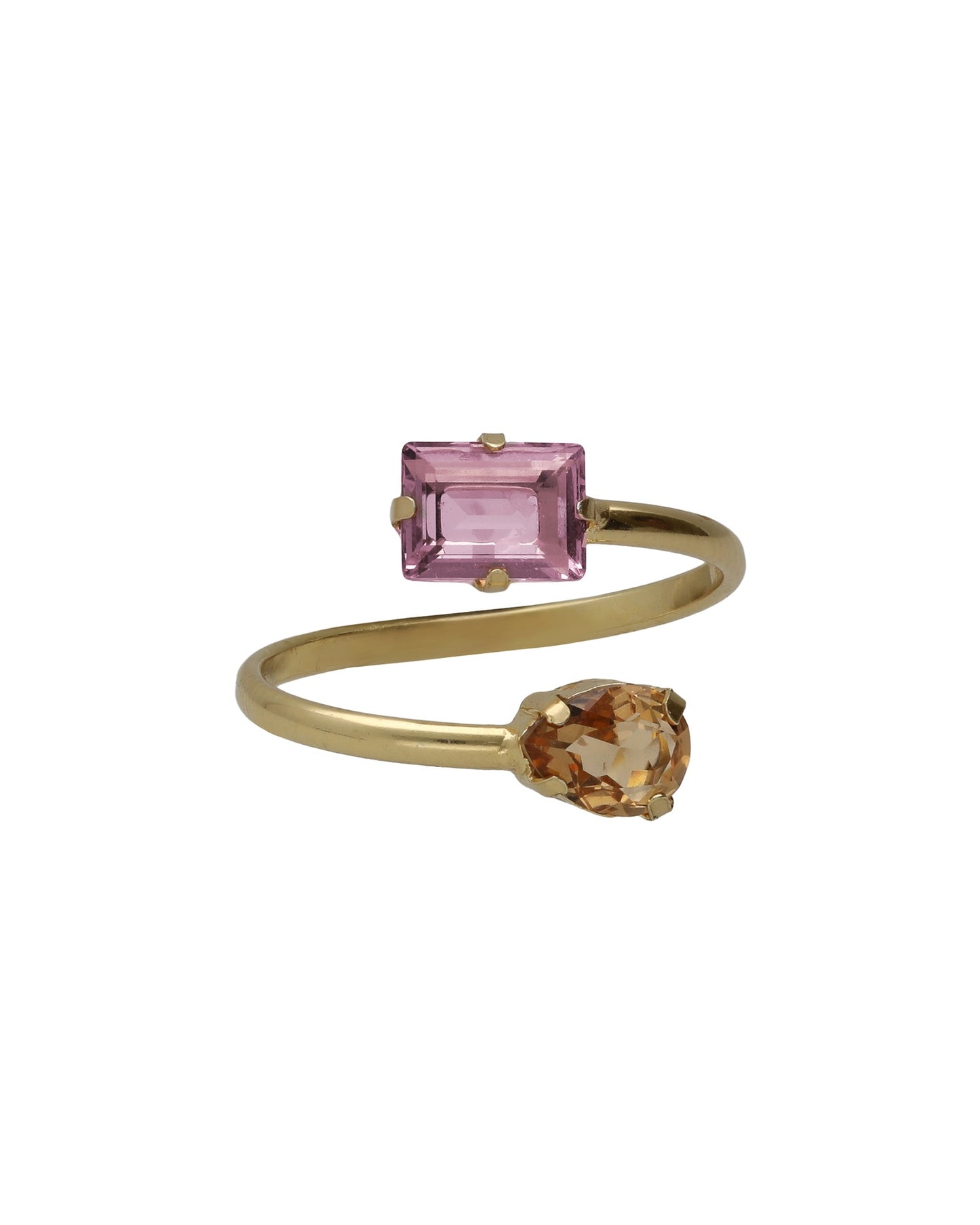 Anillo ajustable espiral Borea con cristal rosa y champán en Plata baño Oro