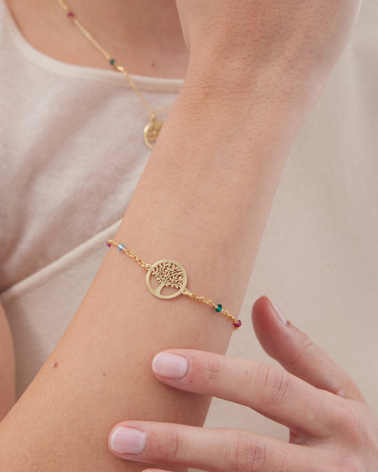 Pulsera Azure árbol vida con cristal multicolor en Plata baño Oro