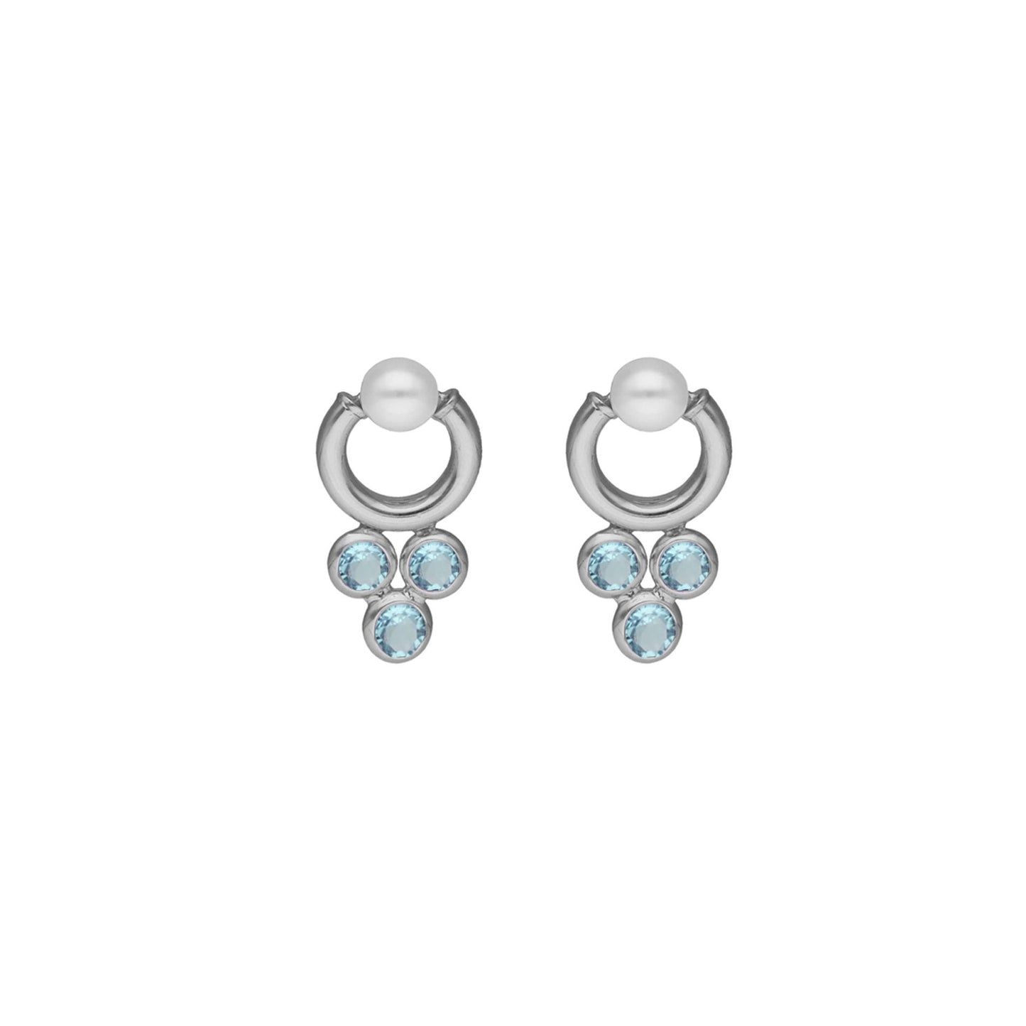 Pendientes largos Dahlia cristales y perla azul en Plata baño rodio