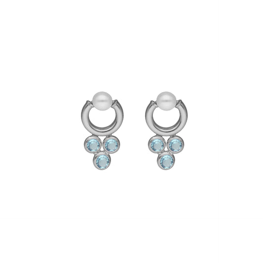 Pendientes largos Dahlia cristales y perla azul en Plata baño rodio