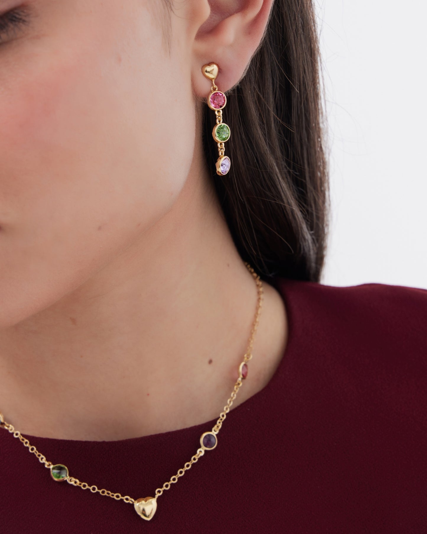 Muá heart long Earrings with multicolor crystal in gold plated silver